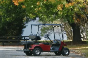 Red golf cart out and about observing nature.
