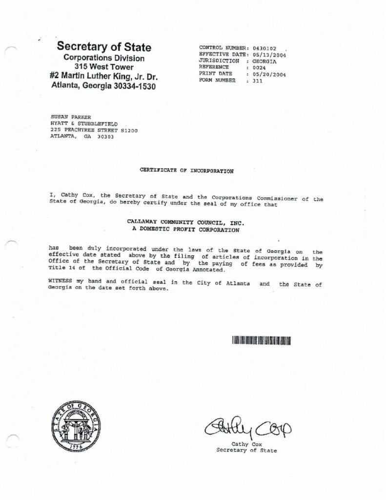 thumbnail of Callaway Community Council Articles of Incorporation