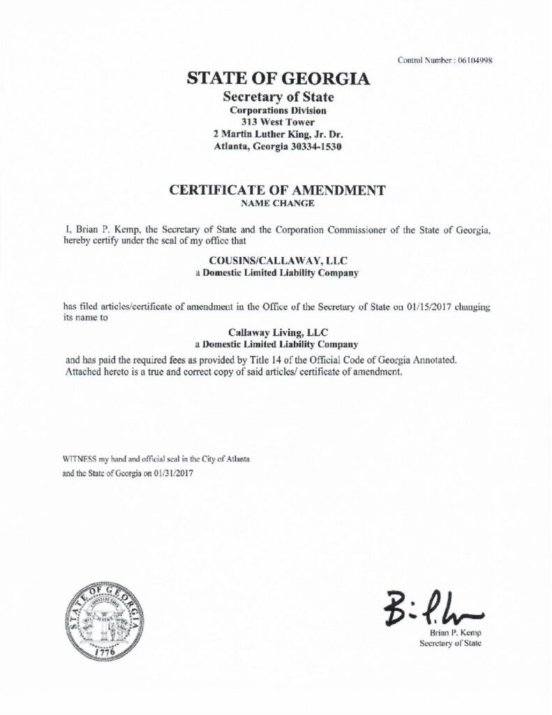 thumbnail of Cousins-Callaway, LLC, Name Change