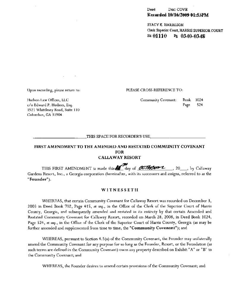 thumbnail of First Amendment to Callaway Resort Community Covenant