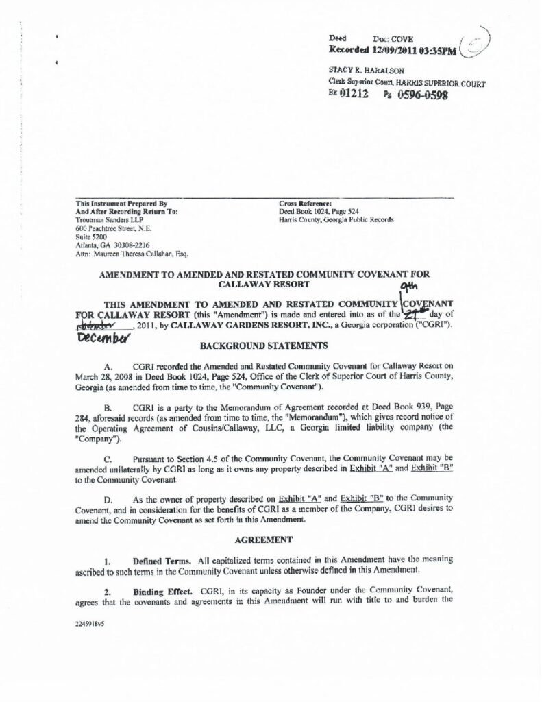 thumbnail of Second Amendment to Callaway Resort Community Covenant